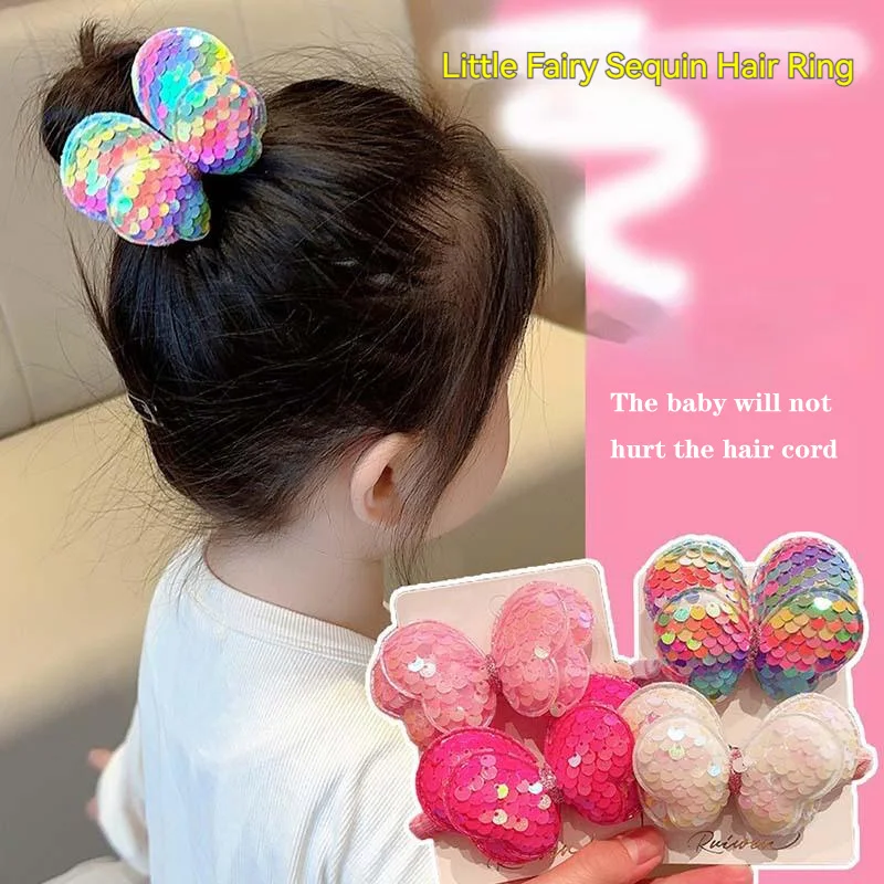 Fashion Sequin Double Layer Bowknot Hair Rope Children's Scrunchies Butterfly Tie Kids Pigtail High Ponytail Braid Headwear