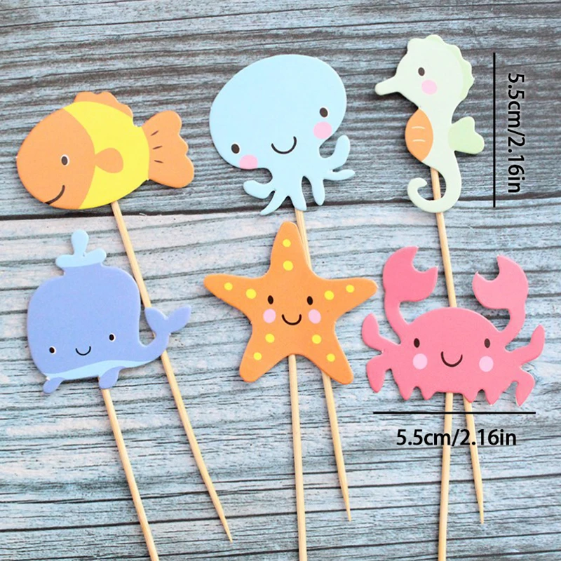[24pcs] Ocean Animal Cupcake Toppers Under Sea Birthday Party Cake Decorations Baby Shower Girls Mermaid Themed Party Supplies