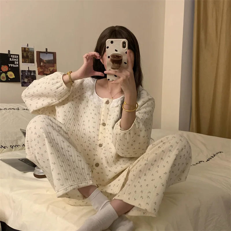 Damespyjama Bloemenvest Verdikt Meisje Homewear Herfst Winter Loungewear Abrikoos Luchtkatoen Ronde hals Nieuwe huiskleding