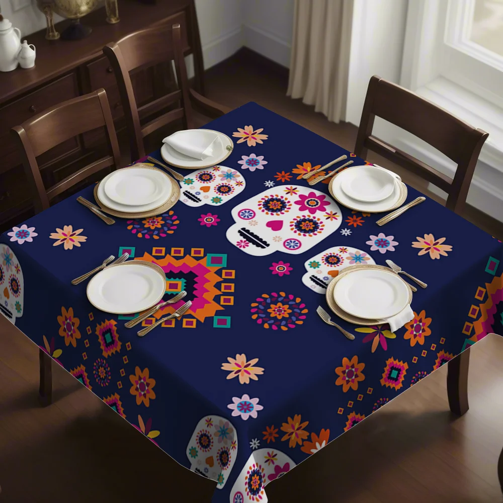 JIT 1pc square polyester tablecloth, featuring Mexican Day of the Dead style patterns and colorful flowerszyc