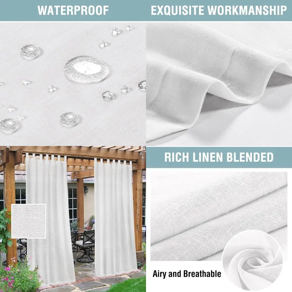 

Водонепроницаемые уличные льняные прозрачные шторы, 2 белые панели, W52 x L108, контроль конфиденциальности и освещения для патио и бежесел