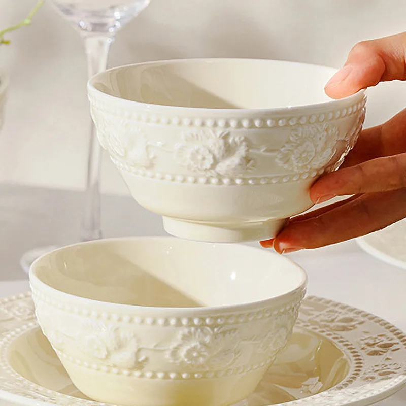 French Simple Creamy Style High Temperature Fired Pretty Ceramics Rice Bowl Set Underglaze Color Process Tableware Ramen Salad