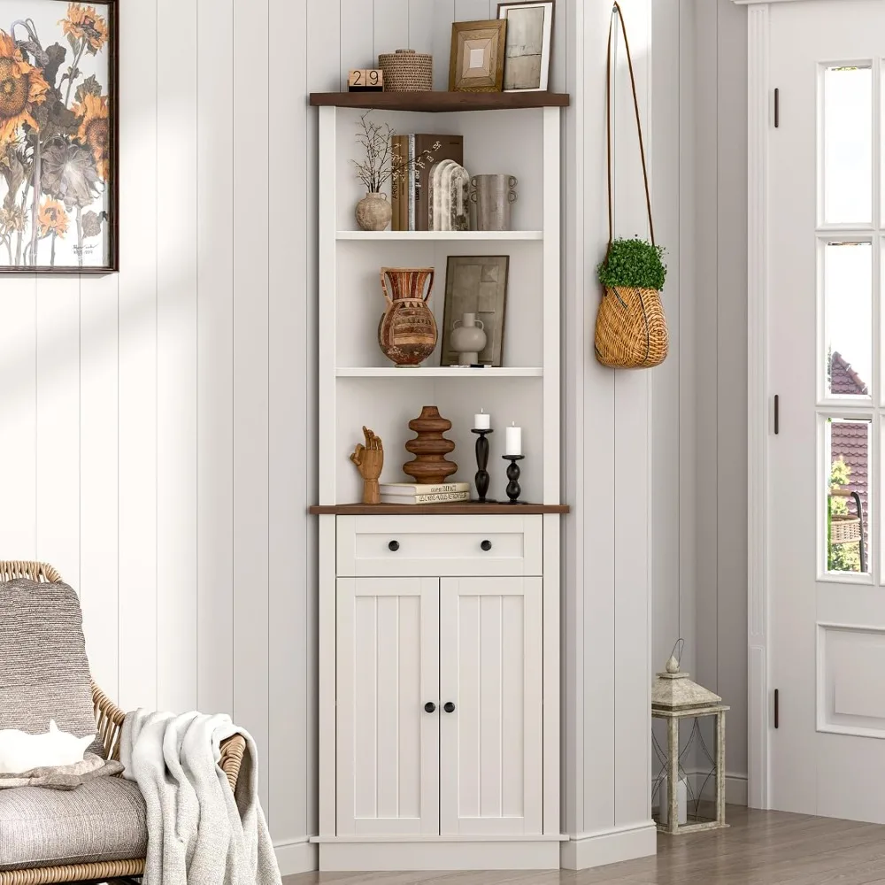 Tall Corner Bathroom Storage Cabinet with Small Drawer for Bathroom, Kitchen, Living Room, Rustic Style Cabinet, White