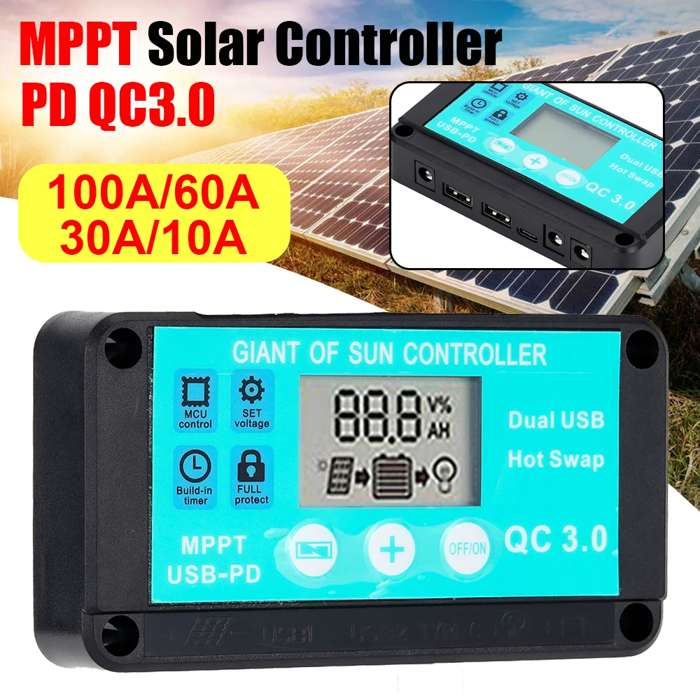 MPPT Solar Charge Controller 10A 12V 24V Solar Panel Battery Regulator Dual USB LCD Display  Regulator with Load