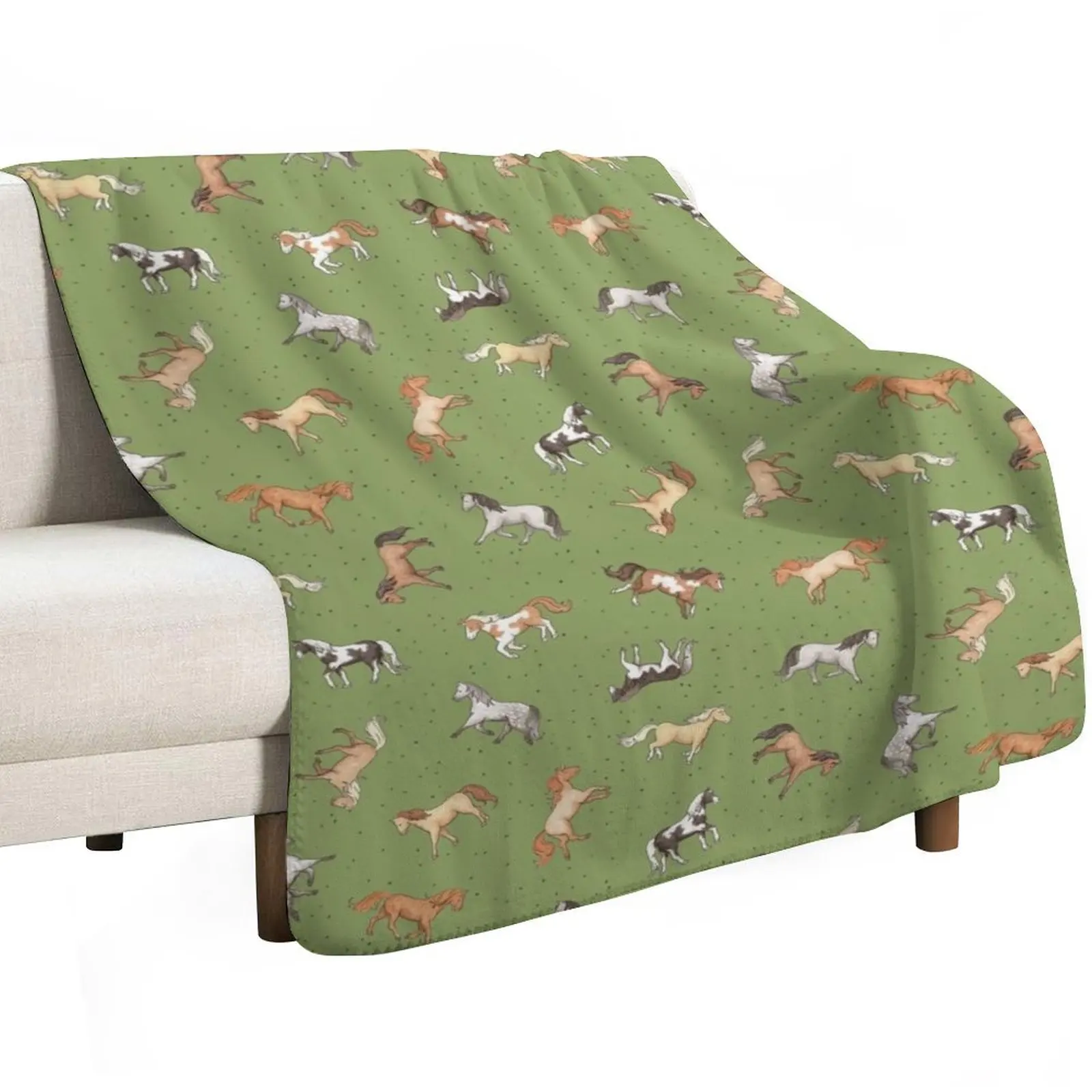 Scattered Horses spotty on olive green pattern Throw Blanket Flannel Fleece Soft Warm Throw Blanket