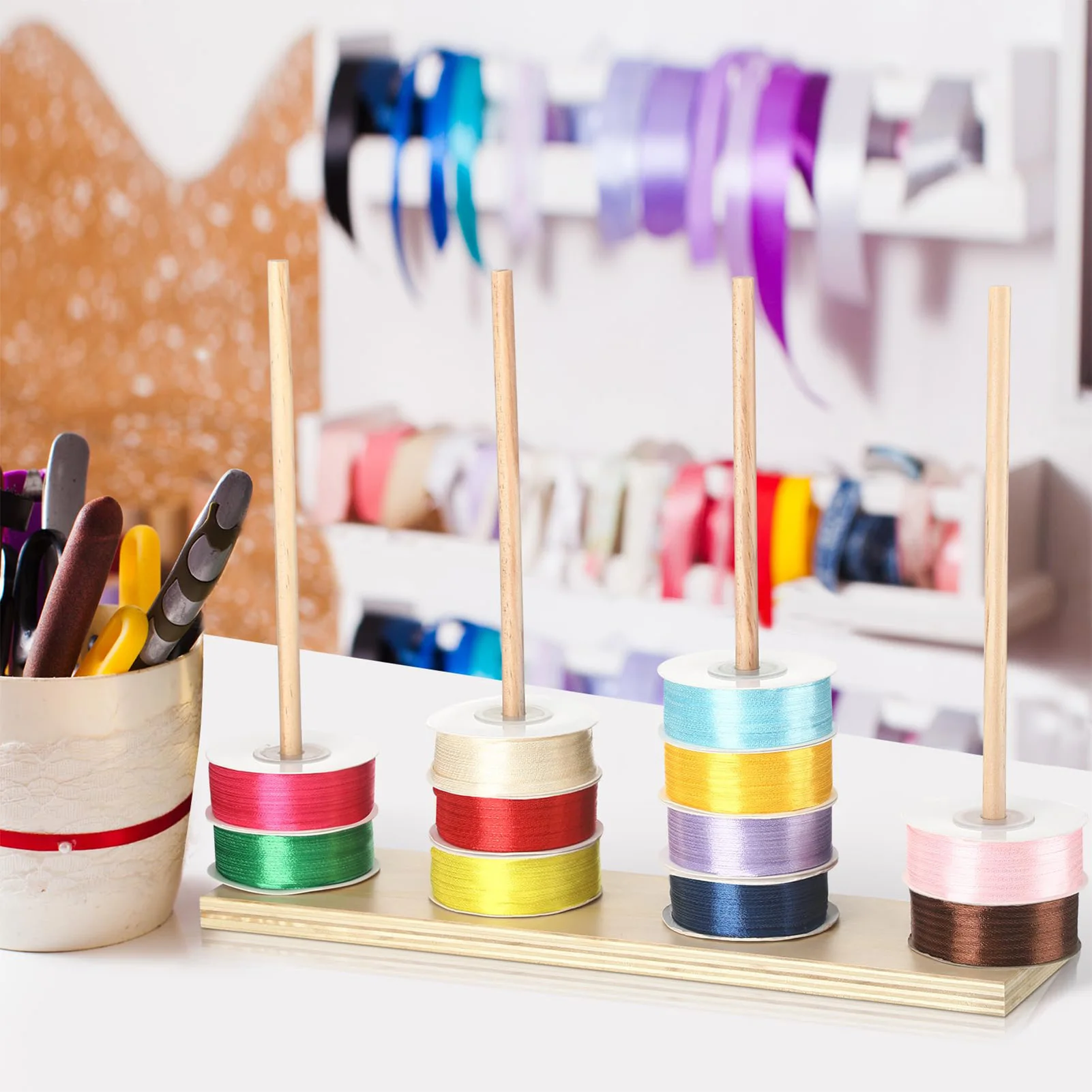 Wooden Ribbon Rack Storage Easy Installation Washi Tape Organizer for Sewing Craft Room Flower Store