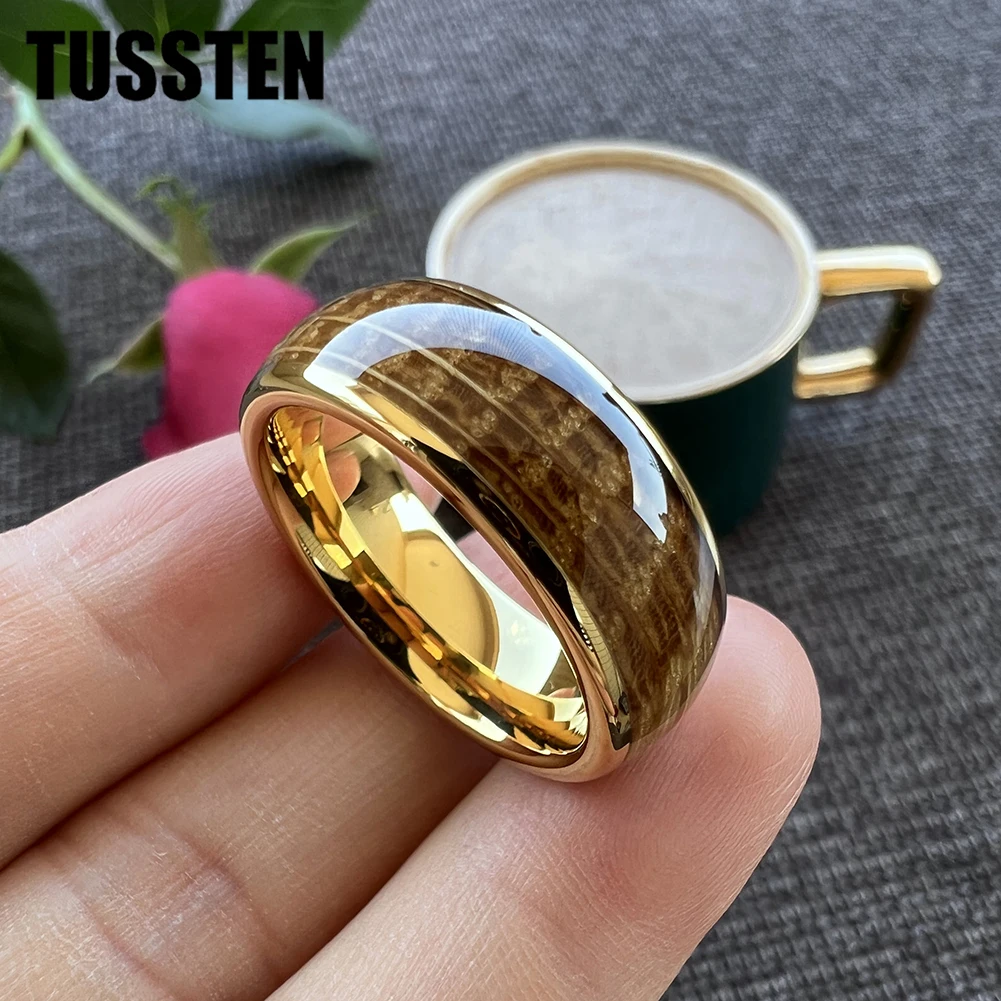 TUSSTEN 6/8MM Black Tungsten Carbide Ring For Men Women Wedding Band Whisky Barrel Oak Wood Inlay Domed Comfort Fit