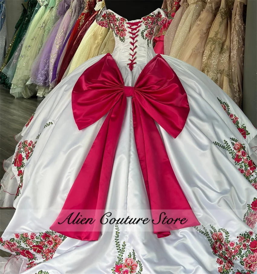 Mexican White Ball Gown Quinceanera Dress Satin Embroidery Ruffles Tiered With Bow Sweet 16 Dress Vestido De 15 Anos Customized 
