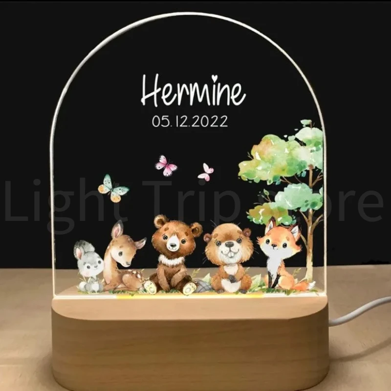 Gepersonaliseerde baby geboorte nachtlampje aangepaste naam dier olifant leeuw met USB houten basislamp voor slaapkamer tafel regenboog decor