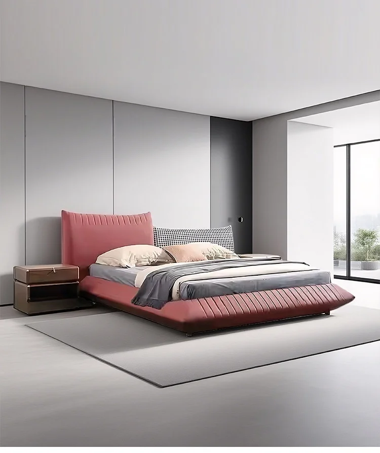#Minimalist Scandinavian Floating TwinBed with Durable Wood Frame for Master Bedroom Genuine Leather Customizable Fabric Options