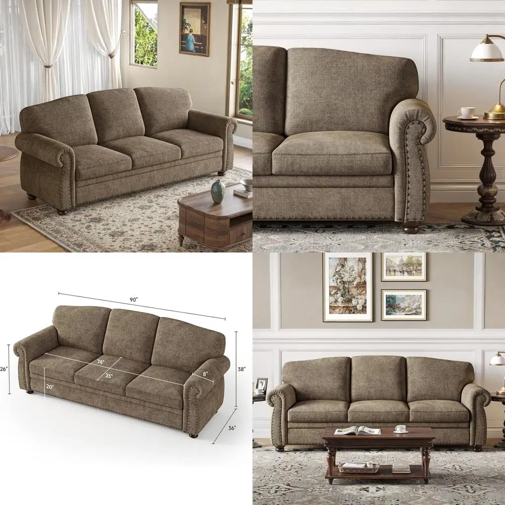 90 أريكة شانيل 3 مقاعد مع 23 مقعدًا عميقًا، أذرع ملفوفة، أرجل خشبية، طراز تقليدي، بني