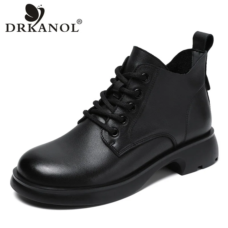 DRKANOL Luxury Design Autumn Winter Warm Ankle Boots For Women Casual High Top Shoes Real Cow Leather Thick Heel Short Boots