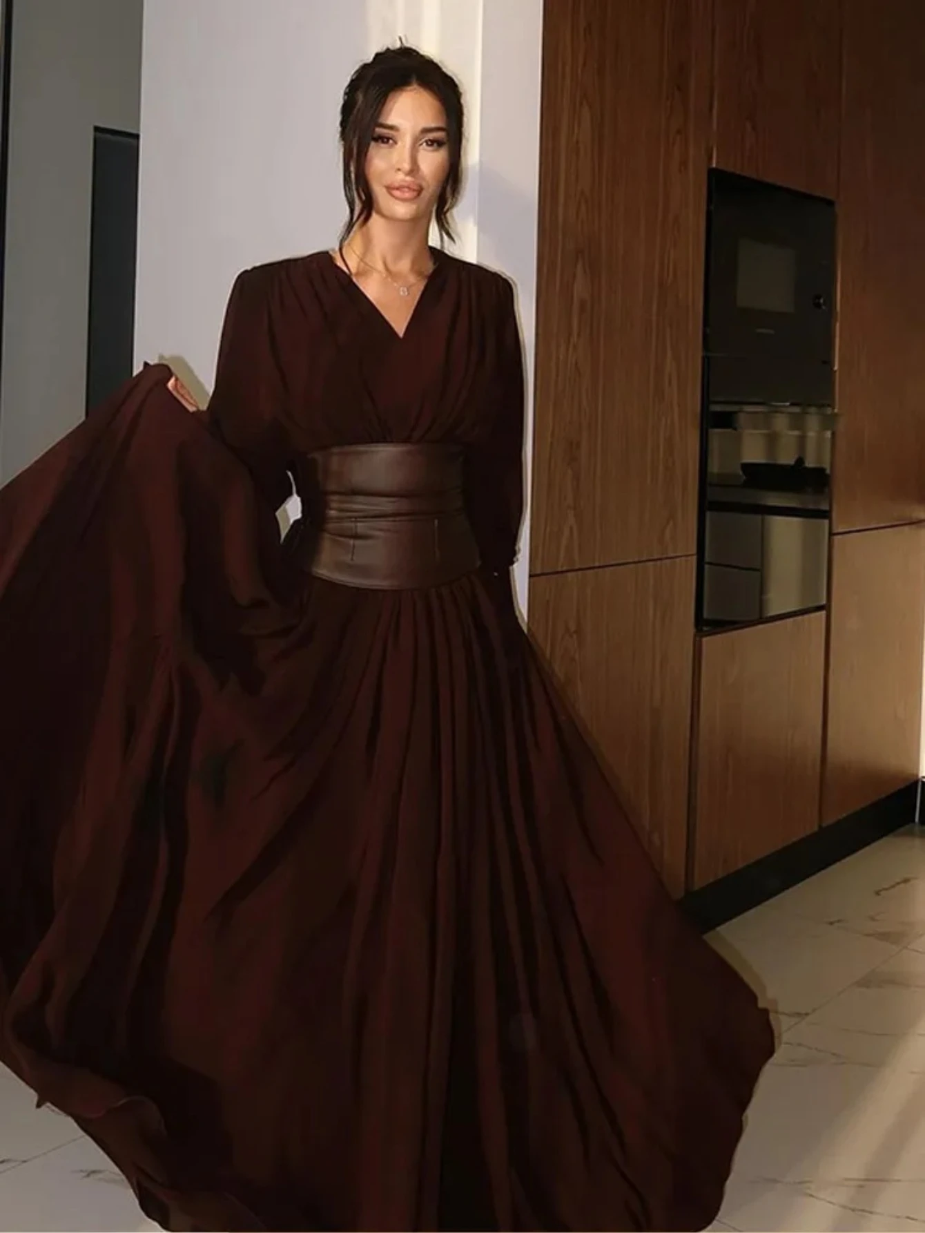 

Autumn new European and American women's V-neck fashionable waistband slim fit slit dress