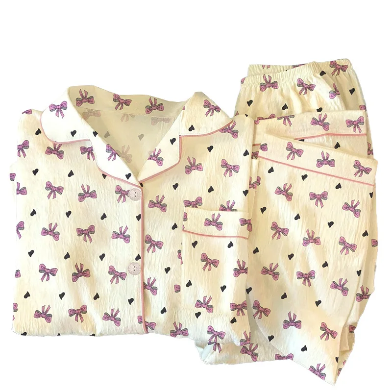 بيجامة بأكمام طويلة على الطراز الكوري للنساء، سراويل ربيعية بربطة عنق، مجموعة ملابس تنحيف كسولة مناسبة للارتداء في الهواء الطلق #5