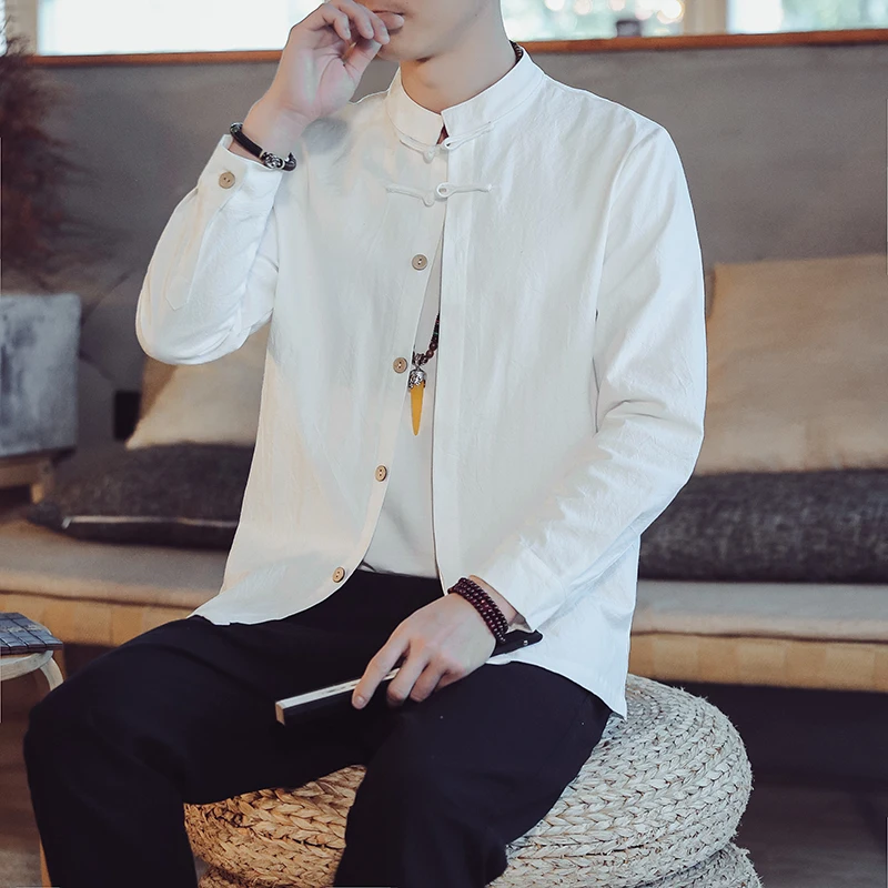

Новая китайская льняная рубашка-куртка в стиле ретро на пуговицах, хлопково-льняной костюм Тан, с длинным рукавом, мужская городская модная свободная одежда