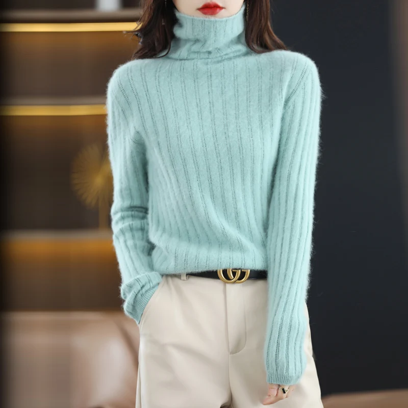 Hollow-out sweater women pile collar knit bottoming sweater pit lazy wind loose outside wearing Joker slim inside.