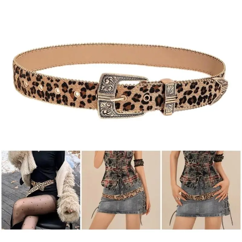 Fashion Leopard Belt Girl Engraved Buckle Belt 2000s Waistband Ethnic Waistbelt Beads Trim Belt Aesthetic Waist Belt