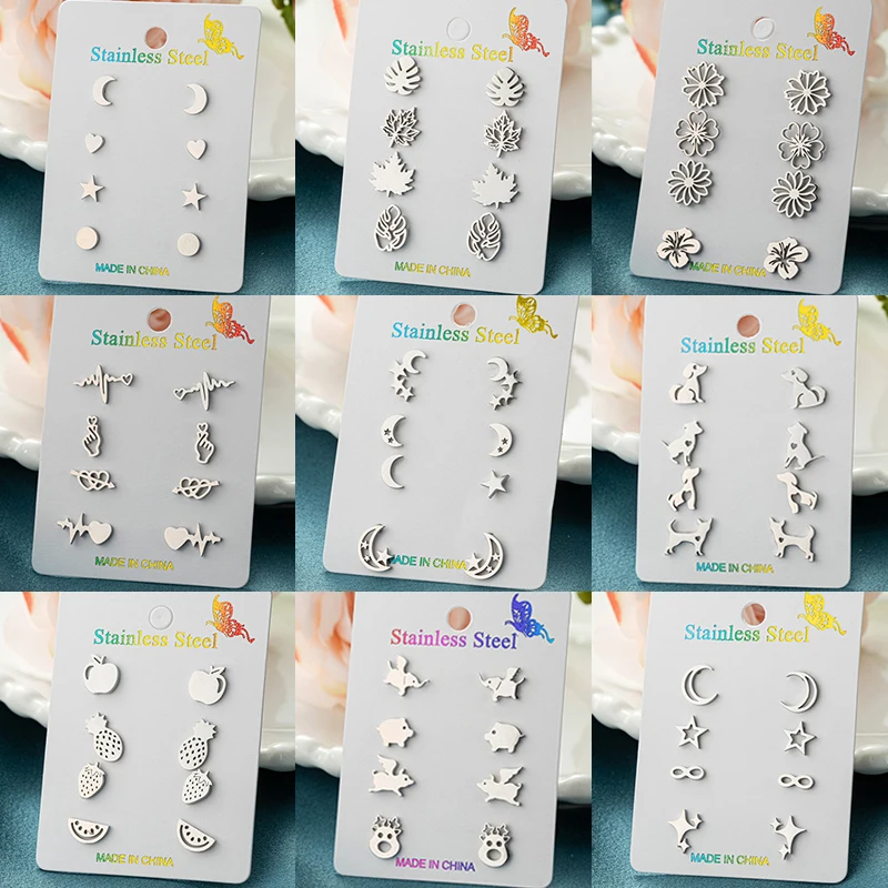 4Pairs/Lot Fashion Flower Stainless Steel Mini Stud Earrings for Women Cute Star Moon Heart Earings Jewelry Set Valentine\'s Gift