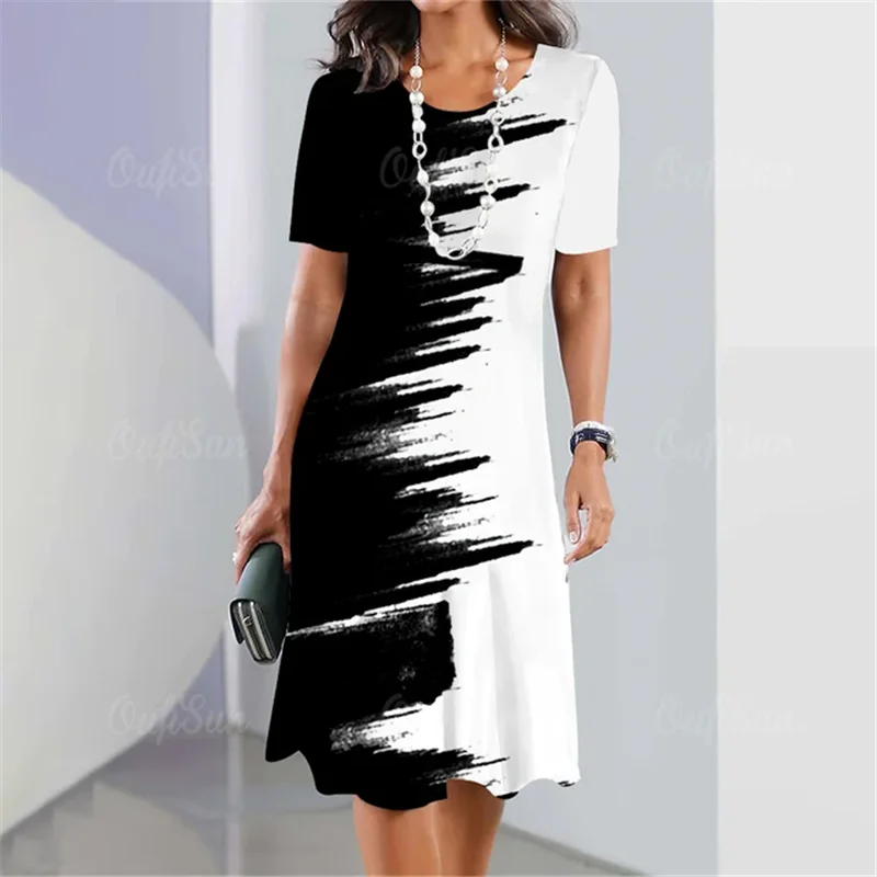 Women Plus Size Summer Dresses 3D Gradient Printed Short Sleeve Loose A-Line Dress Oversized Women Clothing Elegant Ladies Dress