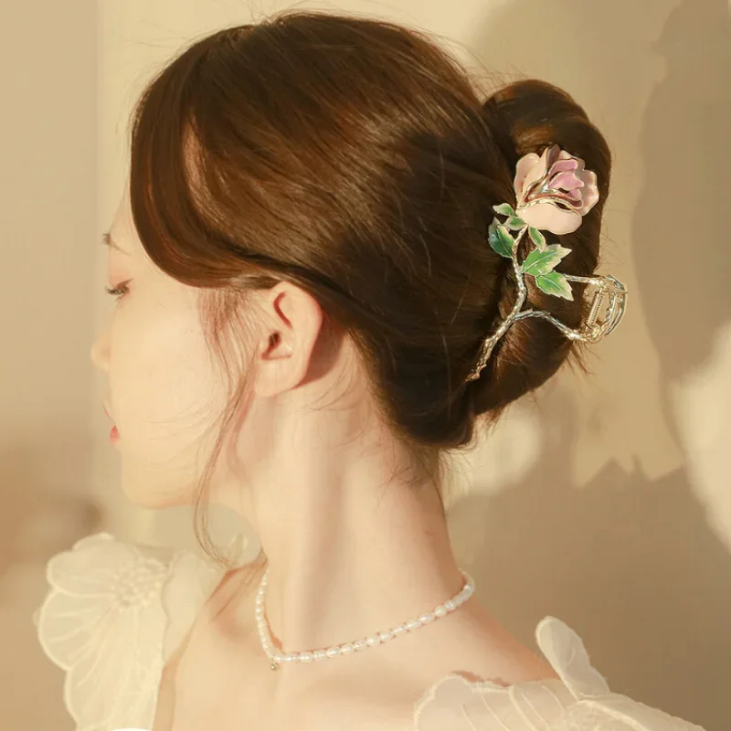 Exquisite New Rose Flower Hair Clip Female Elegant Ponytail Braid Claw Clip Retro Crab Metal Shark Clip Girl Headdress