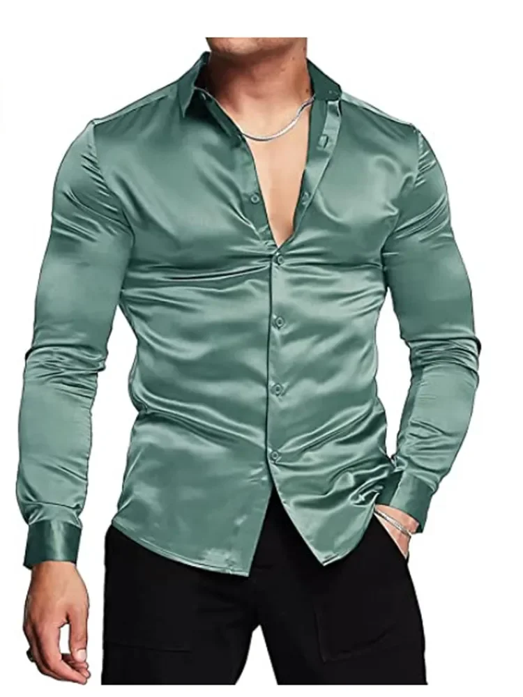 Men\'s luxurious shiny silk satin dress shirt Long sleeved casual slim muscle button-down shirt Plus size S-3XL