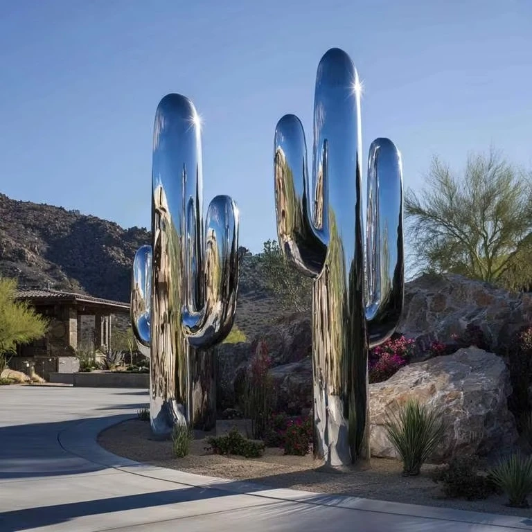 Mirror polished large stainless steel cactus sculpture for outdoor courtyard park decoration