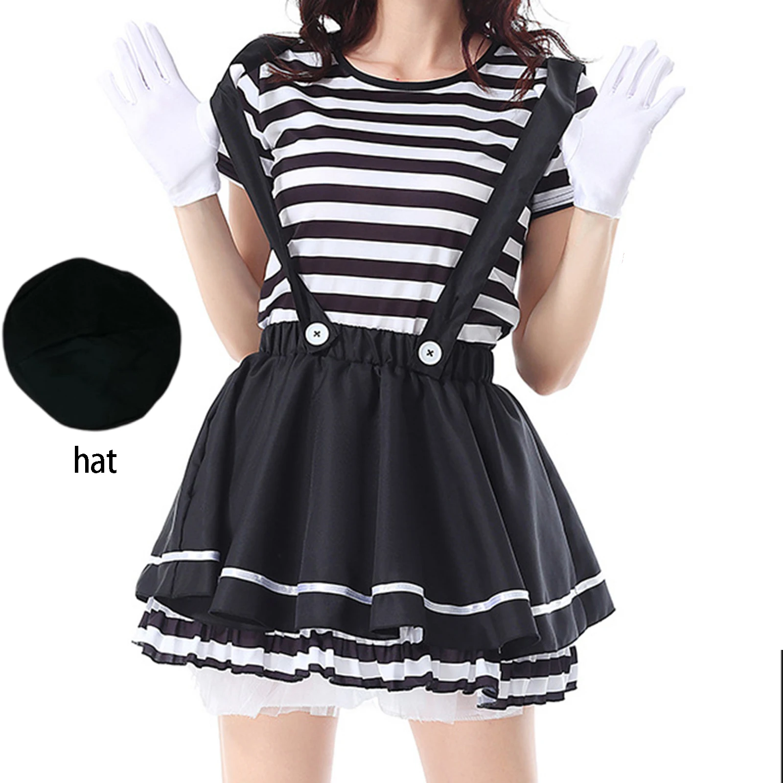 Trajes de palhaço feminino preto branco listrado topos suspender saia luvas e chapéu conjunto halloween cosplay outfit