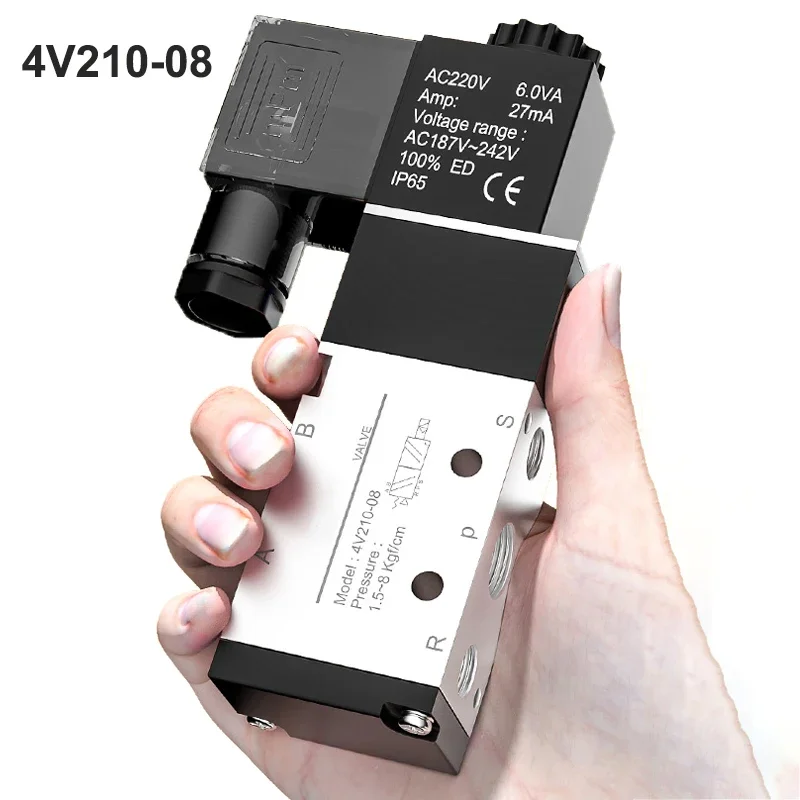 

4v210-08 Pneumatic Valve Electric Solenoid Valve Control Air Gas Magnetic 5 Way 2 Position DC12V 24V AC110V 220V Coil Volt