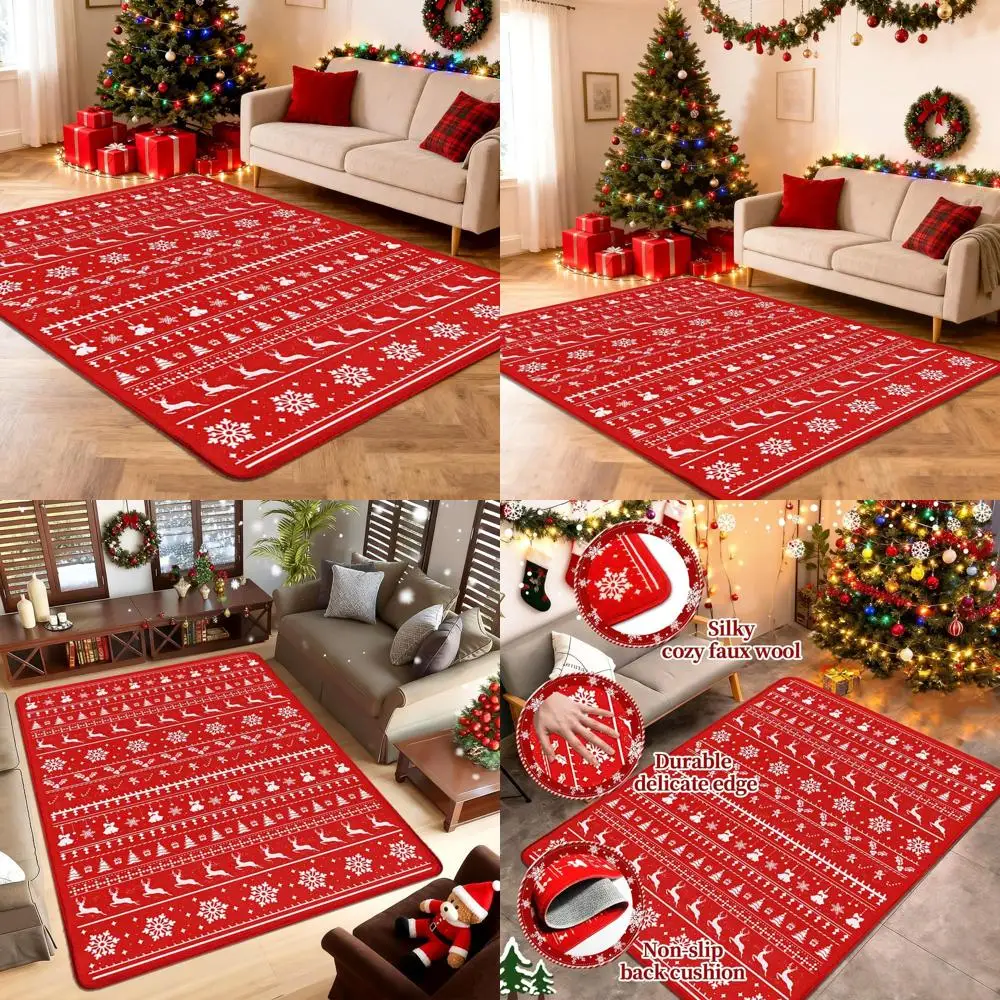 

Vintage Red Floral 5x7 Area Rug for Christmas, Non-Slip, Low Pile, Washable Holiday Carpet for Living Room