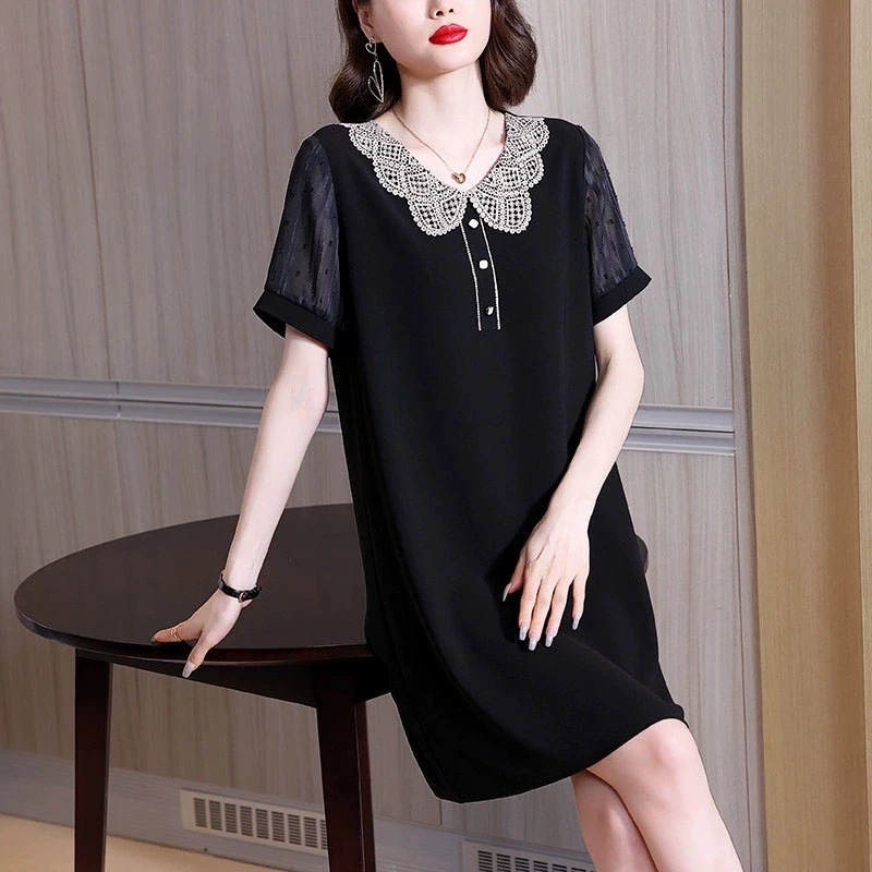 

Elegant Mom Large Size Dress Female 2022 Summer New Loose Thin Doll Collar Black Chiffon Dress For Women Clothing bd29