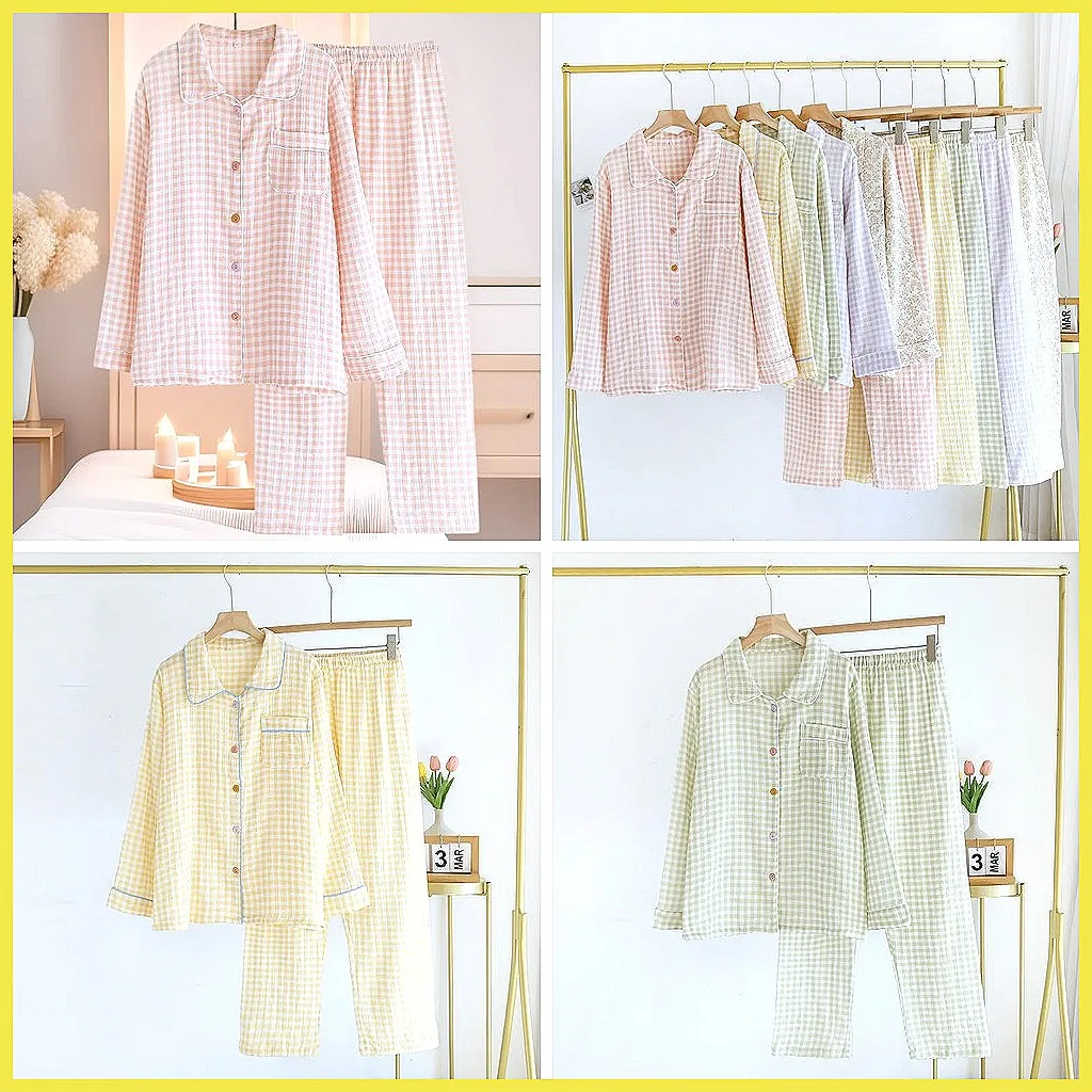 

Женский хлопковый пижамный комплект с длинными рукавами, в клетку, для сна и отдыха, весна-лето