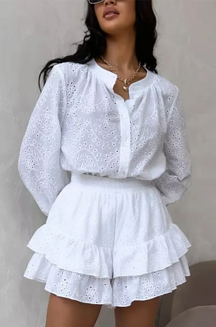 

Parc Fee Casual Loose White Two Piece Outfits Woman 2025 Fashion Long Sleeve Shirt With High Waist Pleated Shorts Set Female
