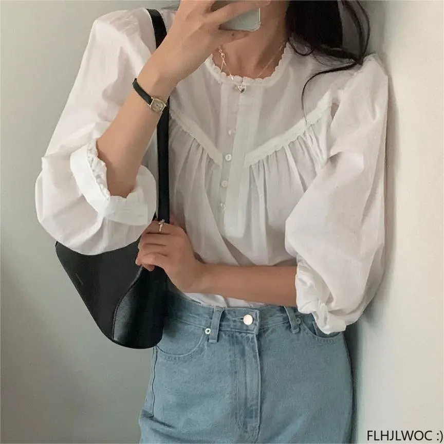 Chic Korea Tops Blusas Women 2023 New Design Solid Color Casual Loose Belly Cotton Blends Retro Vintage Shirts Blouses