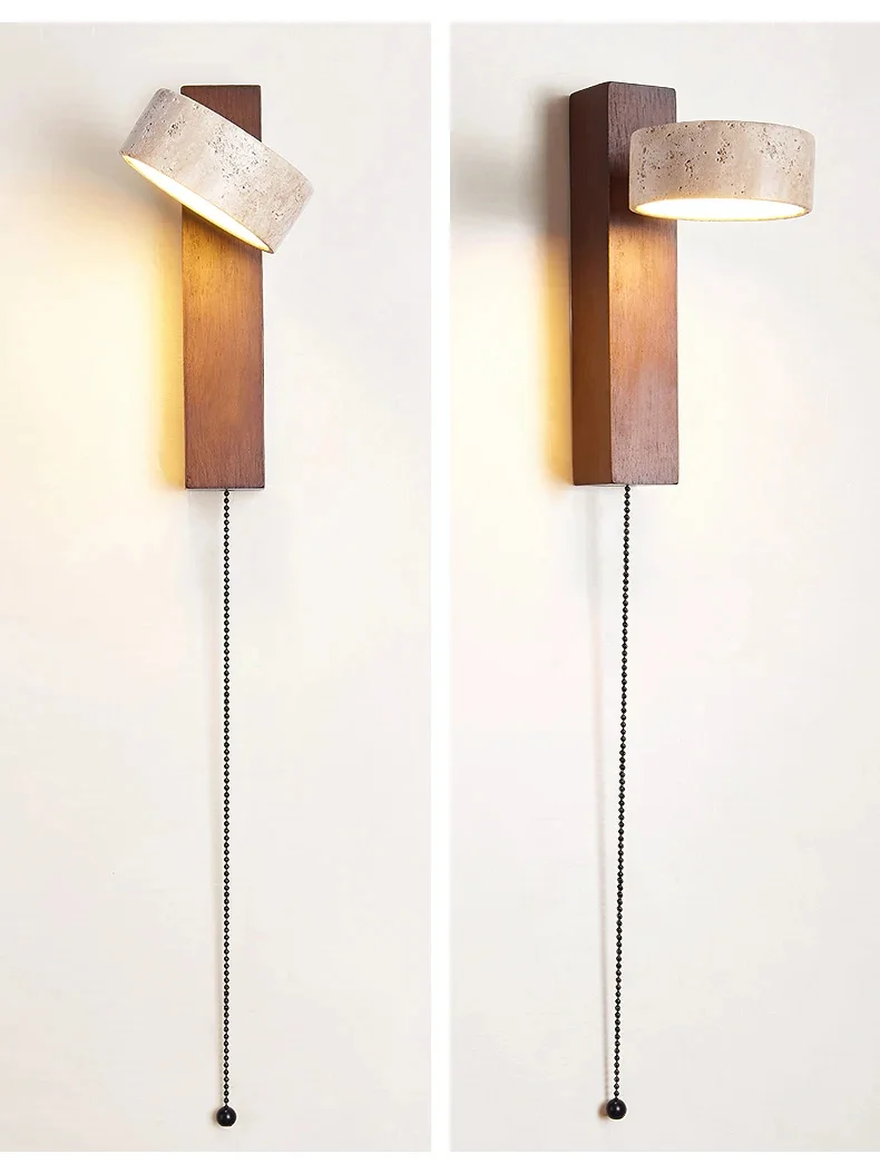 Wandleuchte im Wabi Sabi-Stil, natürlicher gelber Travertinstein, drehbar, mit Zugkettenschalter, LED-Nussbaumholz-Dekorleuchte für Schlafzimmer – Detail 9