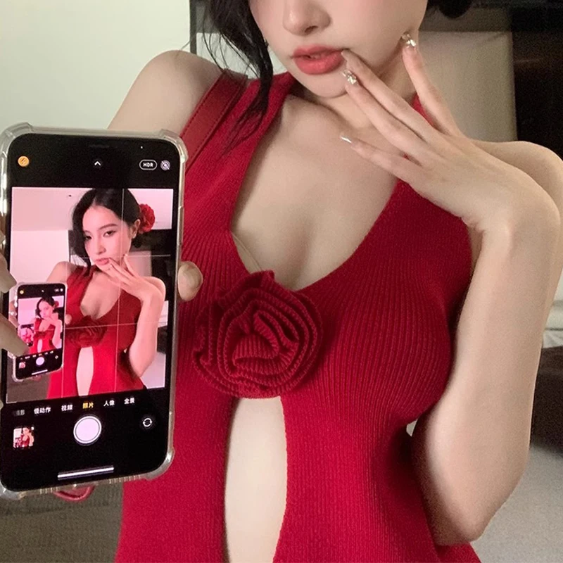 3D Flower Knitted Neck Strap for Women 2024 Tank Top Women's Summer V-Neck Sexy Red Beauty Back Tops Women's Clothing