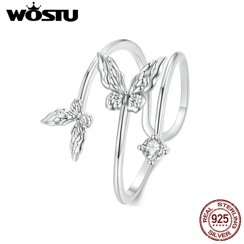 WOSTU 925 Sterling Silver Three layer butterfly Ring Unique Party Jewelry Gift For Women Adjustable Rings Girl Birthday Jewelry