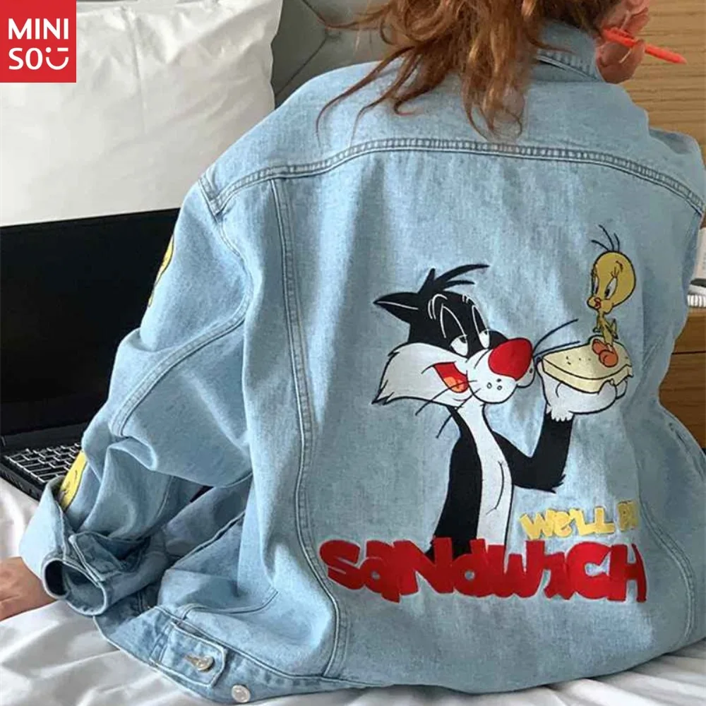 سترة ديزني للزوجين - نمط حروف كرتونية مطرزة فضفاضة ومغسولة بتصميم كلاسيكي للارتداء اليومي وملابس الزوجين