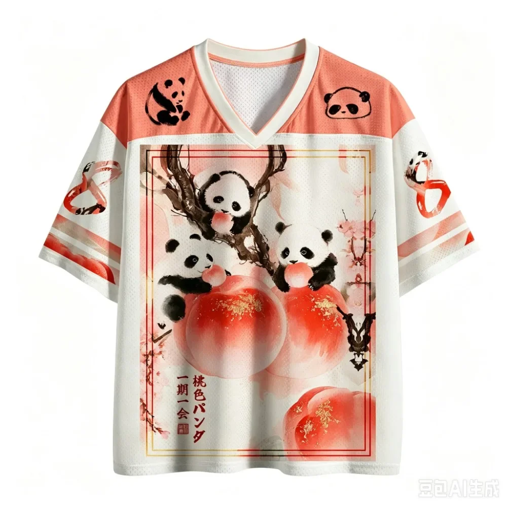 Unisex Chinese Ink Panda Peach Full 3D Print V Neck Plus-size Jersey T Shirt Summer Loose Streetwear Breathable Short Sleeve Tee