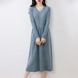Women's 100% Wool Knitted V-neck Dress Mid-Calf Cashmere Pullover Winter Fashion 2023 Longer Knitted Jumpers