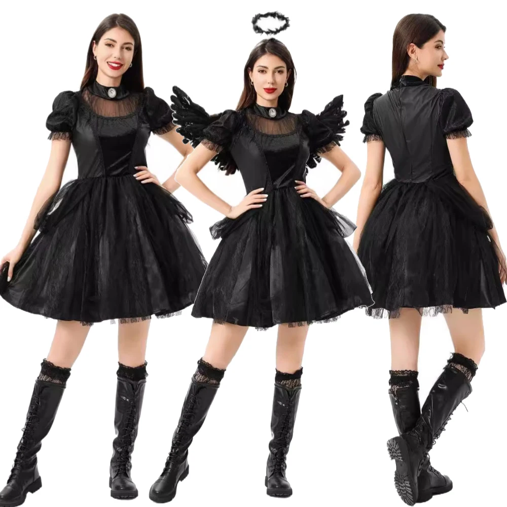 

Medieval Retro Witch Cosplay Costume Full Set Gothic Dress Black Uniform for Women Outfit Halloween Carnival Party Suit Roleplay