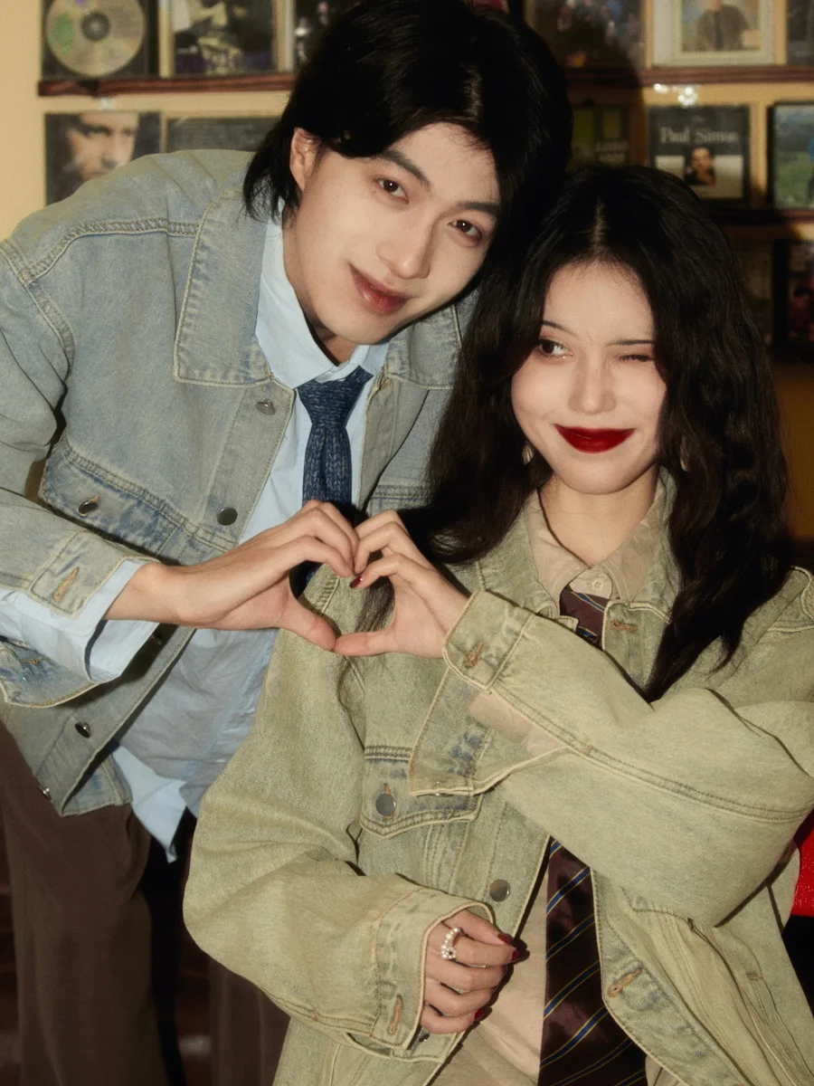 الربيع والخريف جديد خمر المرأة بدوره إلى أسفل طوق غسلها الأزرق الدنيم سترة زوجين الزي عمال معطف أزرق داكن أسود #3