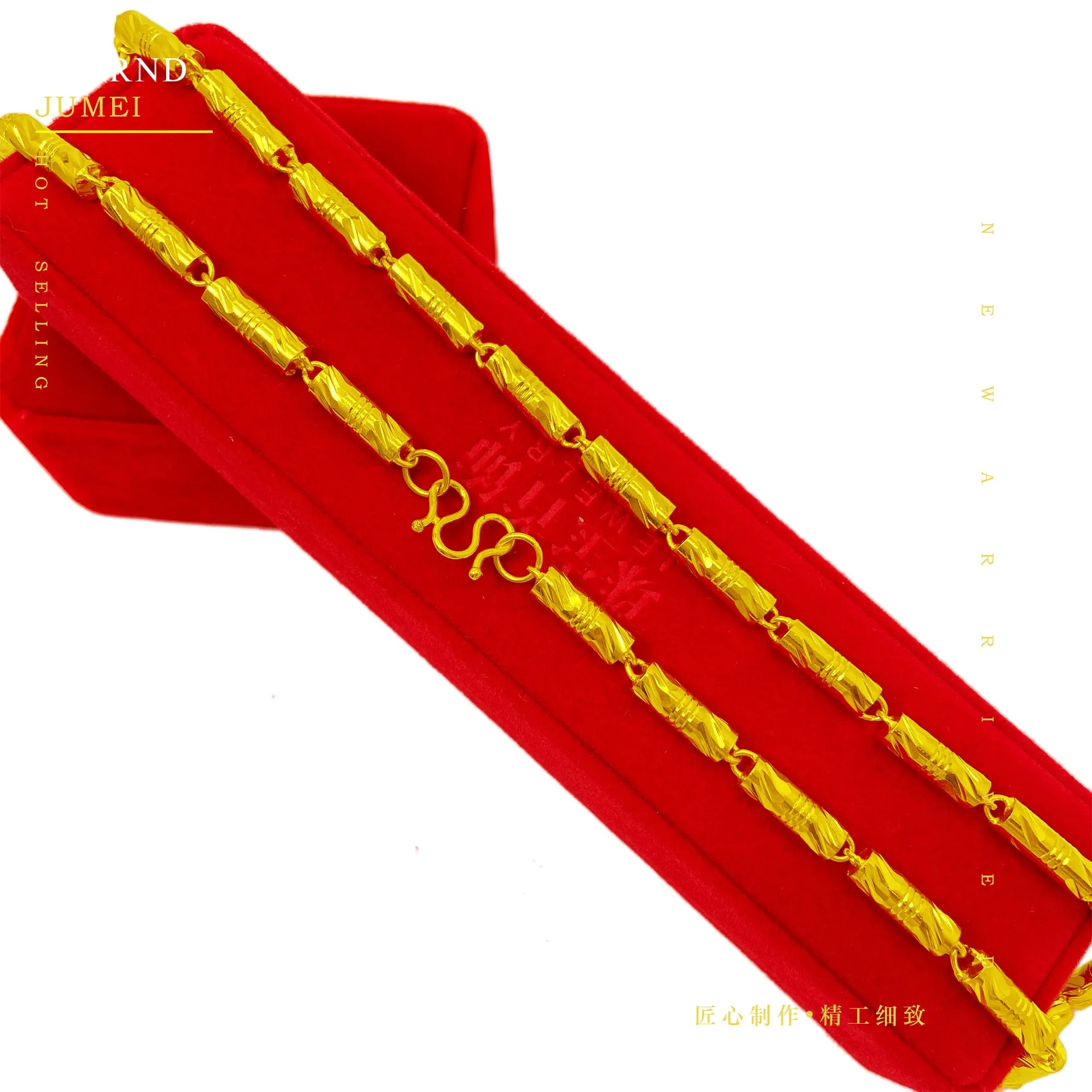 9999 24K gold cylindrical double bamboo real gold couple necklace, solid color bamboo knot gold jewelry necklace gift