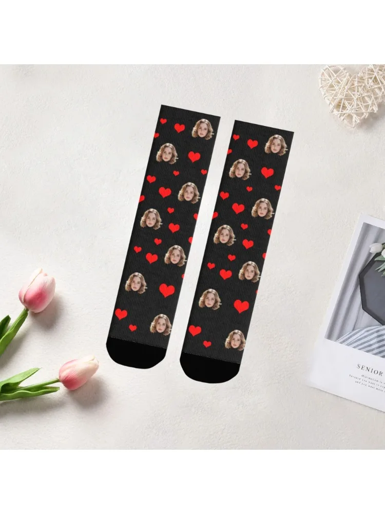 Chaussettes personnalisées avec photo, motif visage et cœur personnalisé, cadeau unique pour anniversaire, Saint-Valentin, anniversaire, chaussettes amusantes pour lui/elle