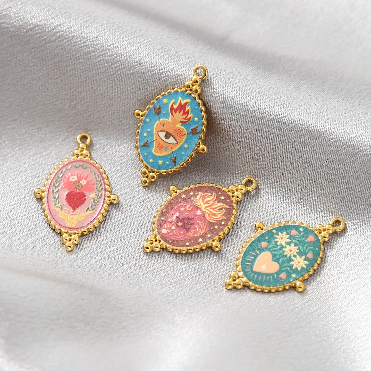 3pcs Gold Plated Stainless Steel Enamel Heart Flower Charms For DIY Woman Fashion Evil Eye Necklace Bracelet Pendants Jewelry