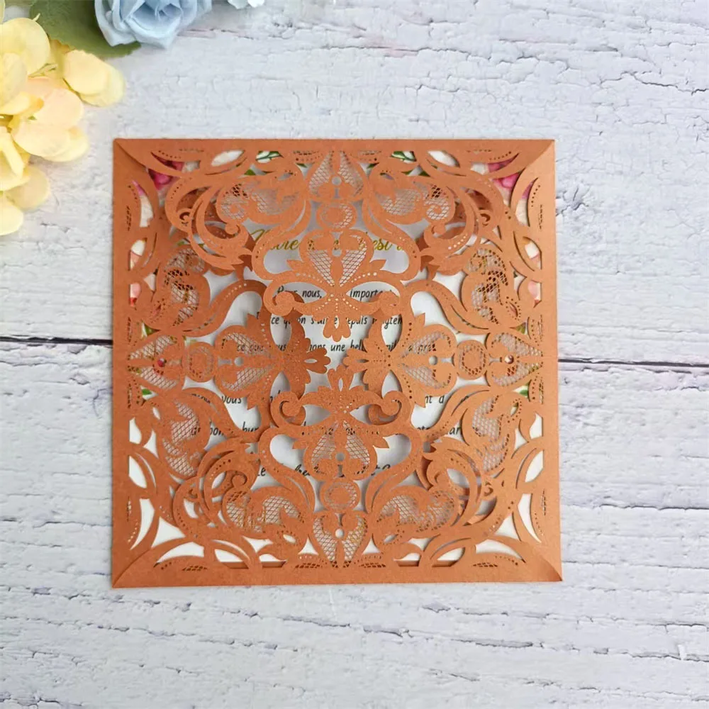 

Lace Laser Cut Invitation Copper Wedding Invite Sleeve Fit for Bridal Shower, Birhtday, Sweet 16th Customized Printing 50 Sets