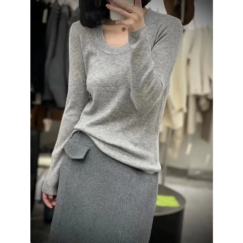 Simple slim U-neck cashmere sweater femininity Spring and autumn elastic crewneck sweater base sweater