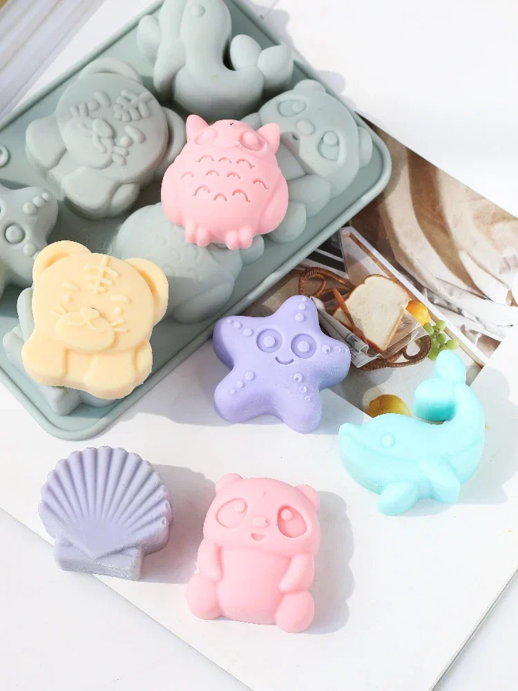 6 Holes Cute Animals Combination Silicone Mold Diy Creative Handmade Soap Making Tool Tiger Panda Silicone Mould Cake Decoration