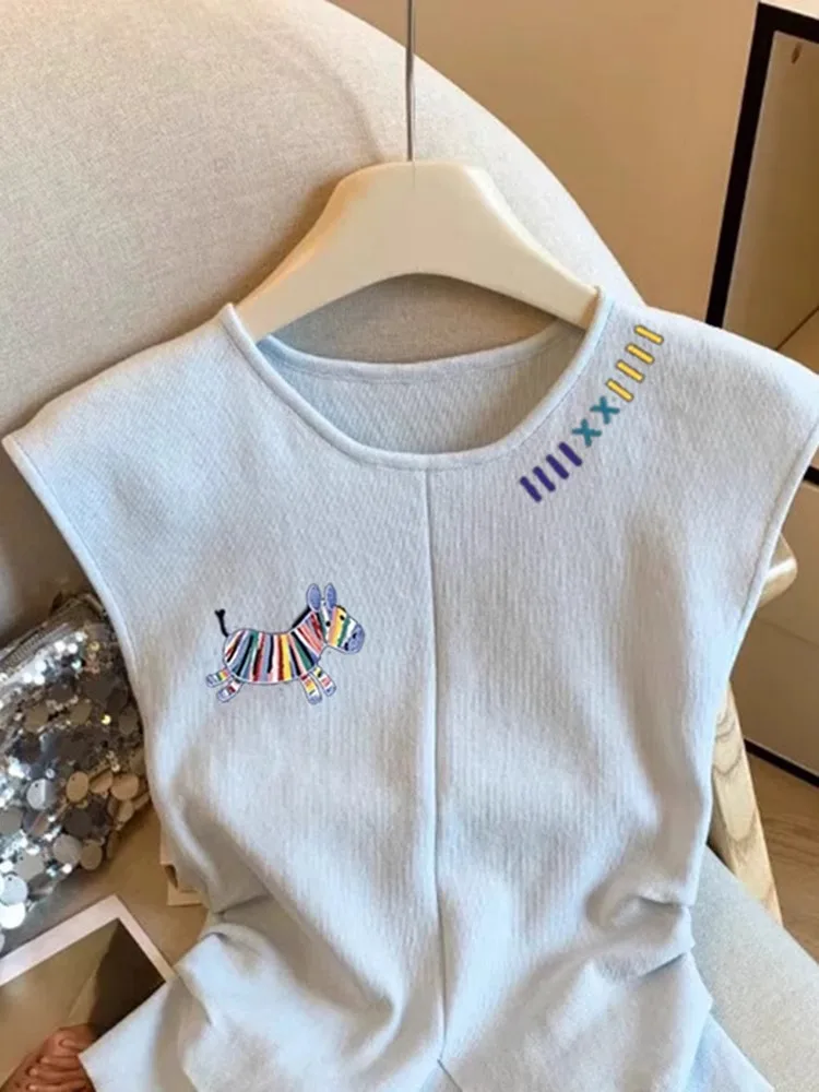 Top Curto F Estilo Coreano com Bordado de Cavalo Arco-Íris de Verão, Regata Linda Sem Mangas, Gola Redonda e Caimento ...