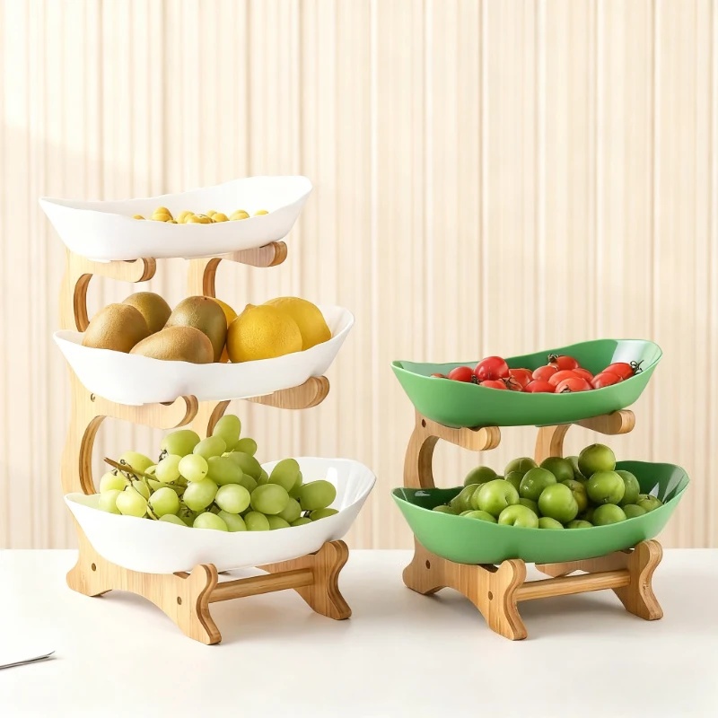 Two/Three Layer Fruit Trays with Wooden Shelves Desktop Portable Fruit Platter Practical Kitchen Furniture Cake Snack Rack