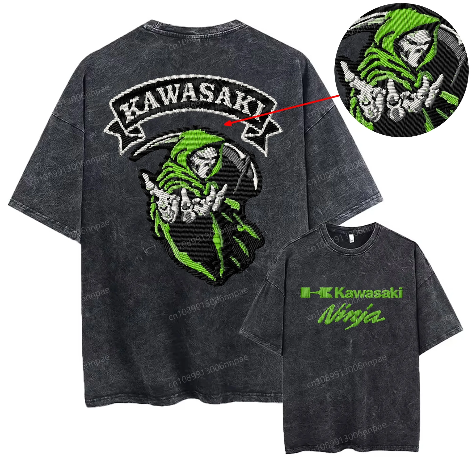

Embroidery Kawasaki 230g Cotton Summer Tops Distressed T-shirt Men's T-shirts Short Sleeve Tee Texture 3D Printing Man Clothing